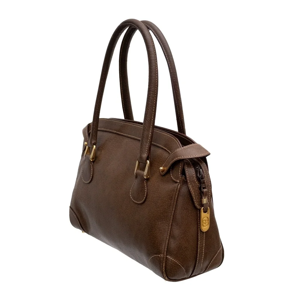 Vintage Gucci Brown Leather Boston Satchel Handbag Gold Logo Italy Doctor Bag